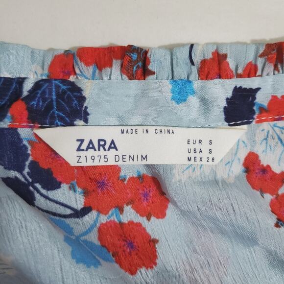 Zara | Floral Tie Ruffle Neck Bell Flare Sleeve Semi-Sheer Blouse - flaw - Picture 6 of 8